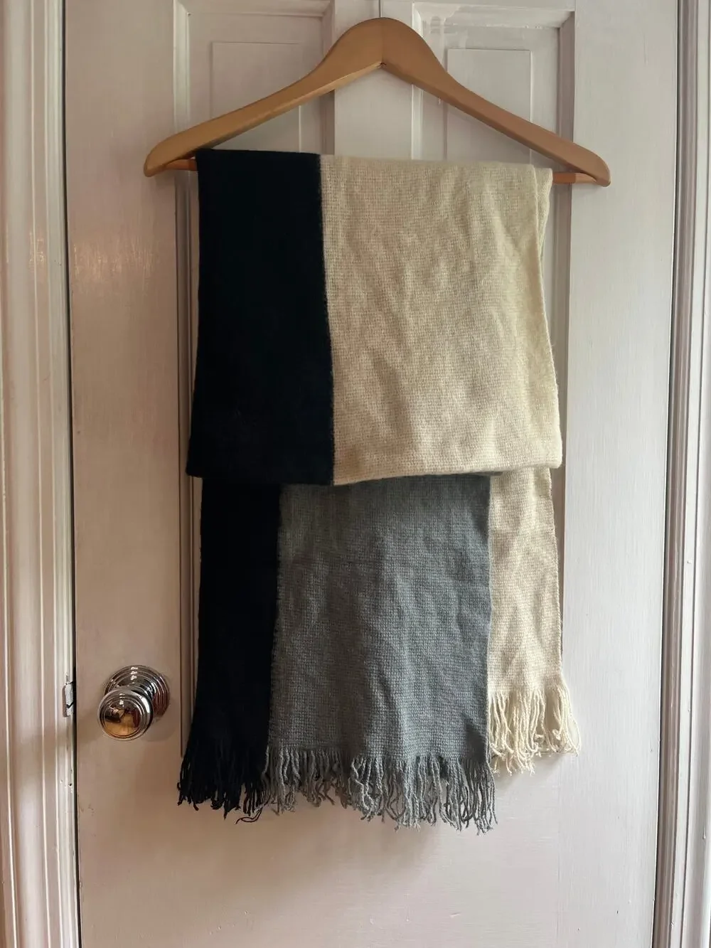 DONNI. Tri-Color Knit Fringe Scarf in Black, Gray & Cream, Cozy Fall Piece